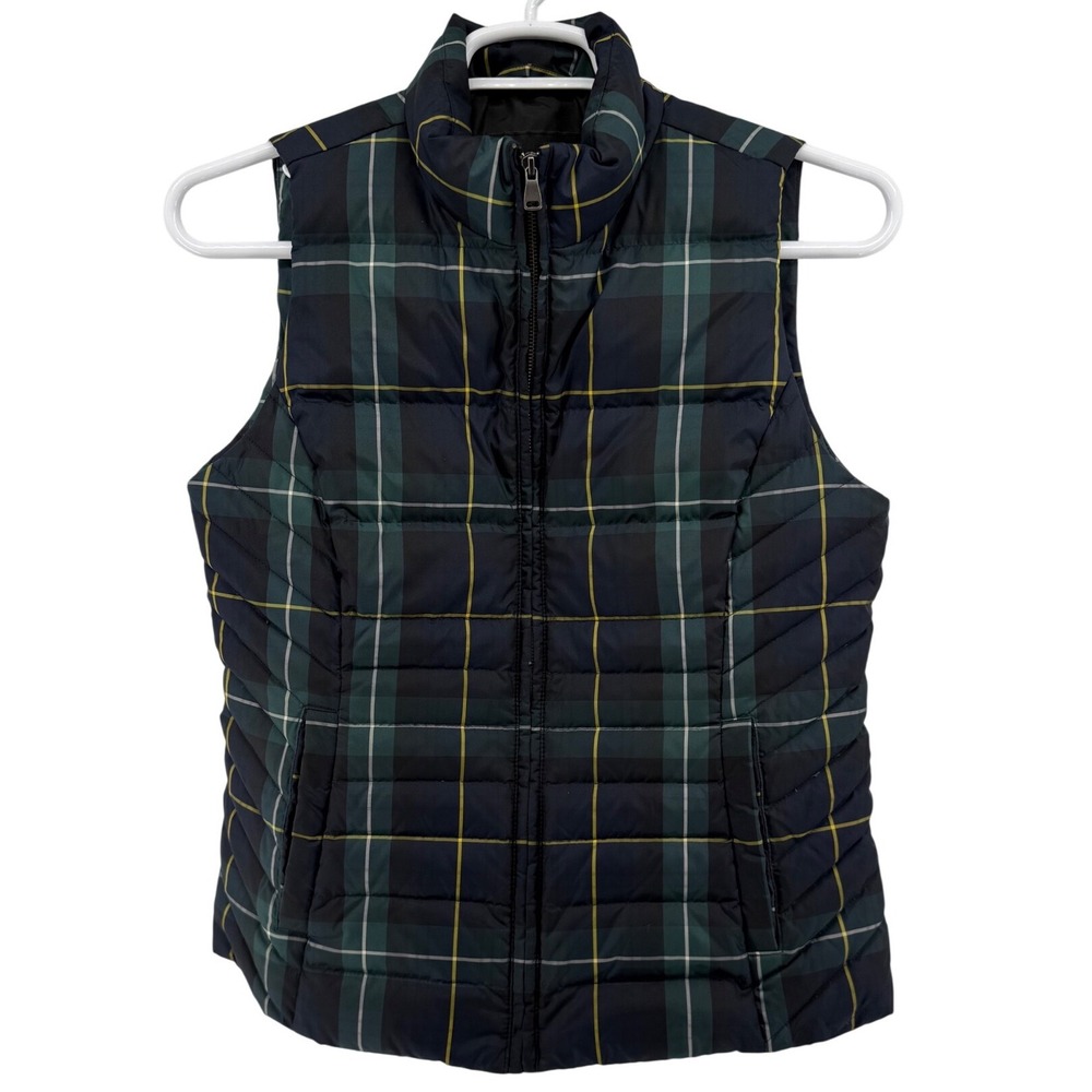 Talbots Womens Medium Black Watch Plaid Down Puffer Vest Navy Green Cinched Back - Picture 2 of 6